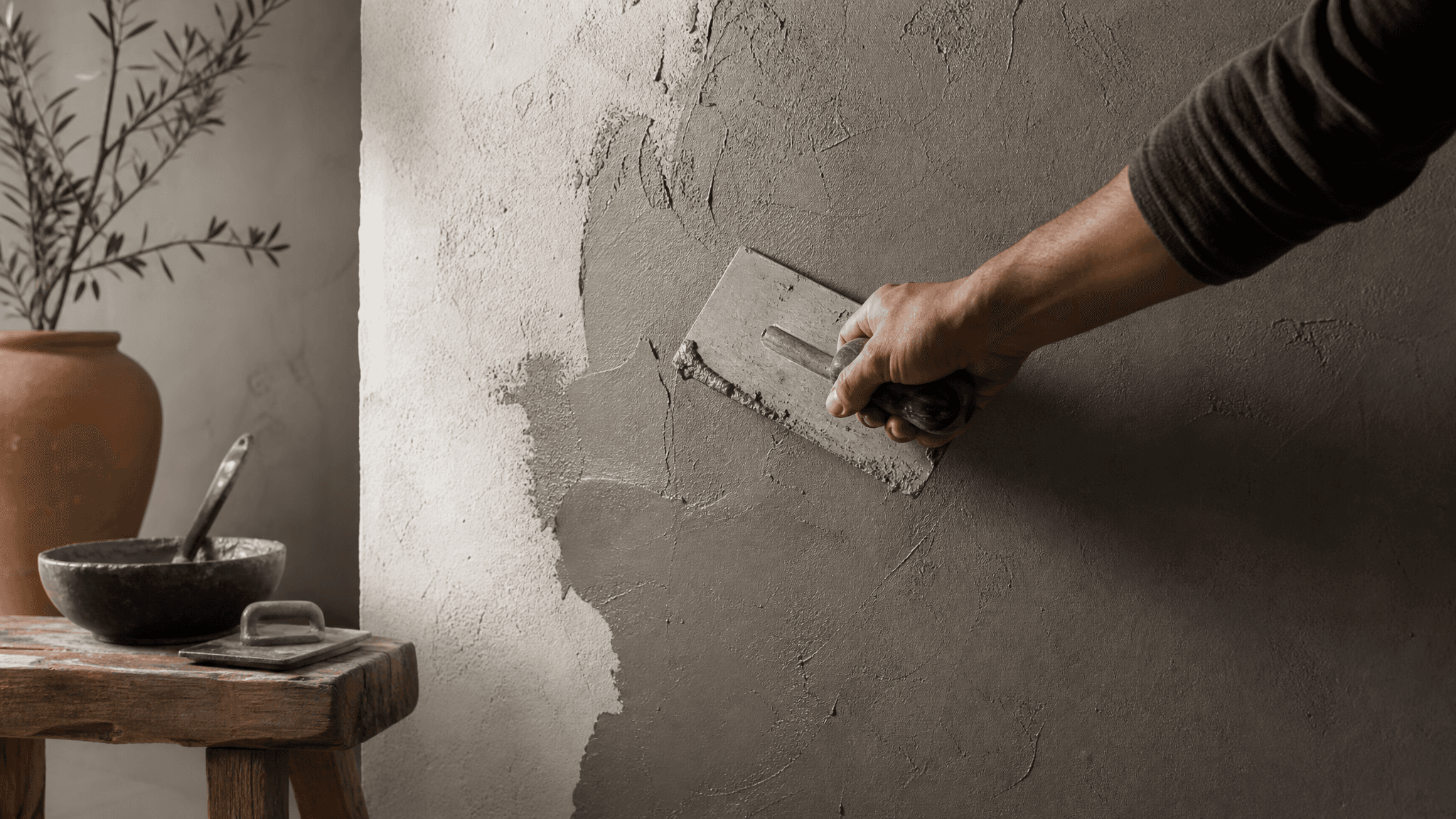 A hand troweling wet microcement across a feature wall