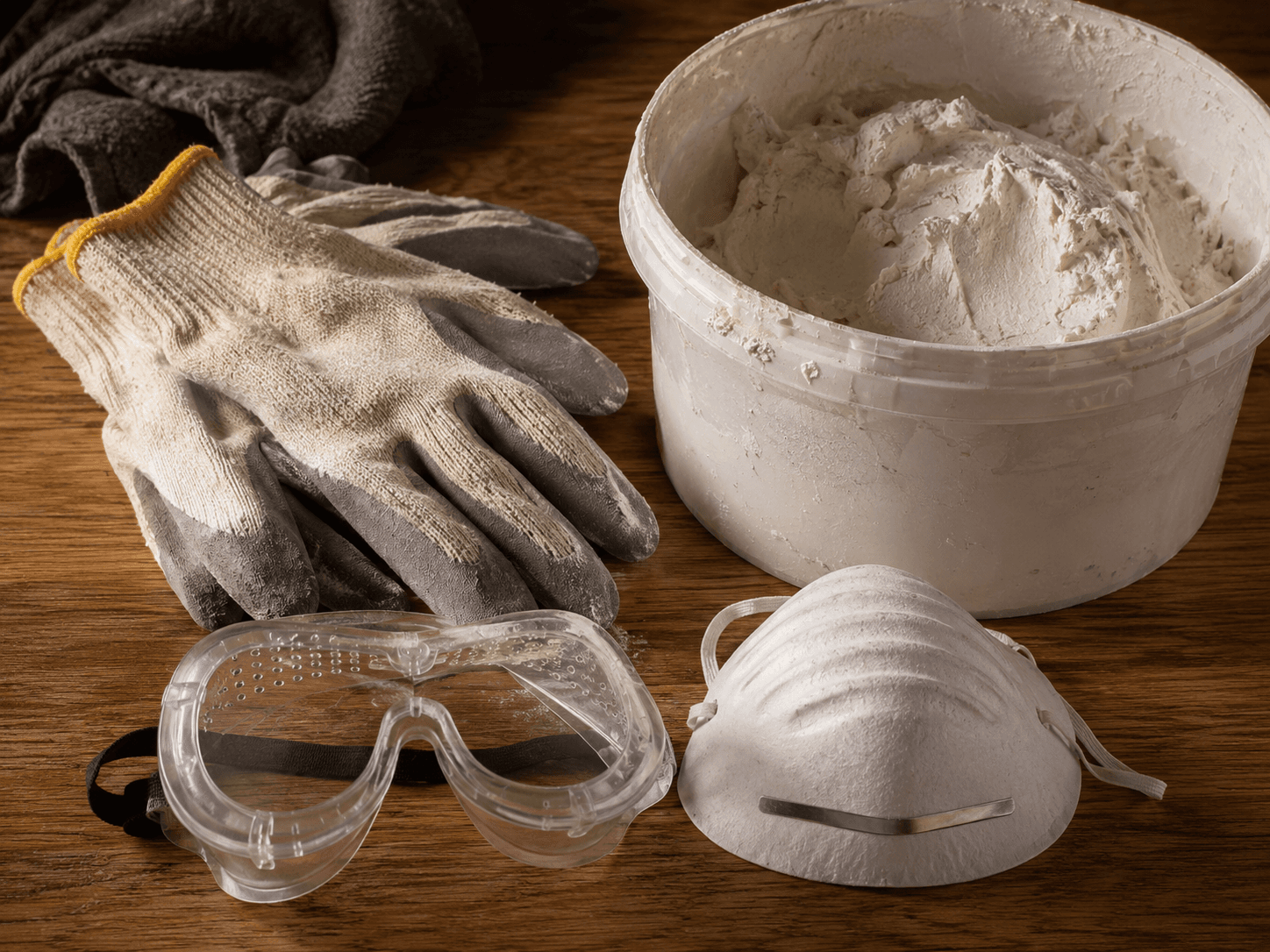 DIY safety gear: gloves, goggles and a dust mask beside a tub of plaster